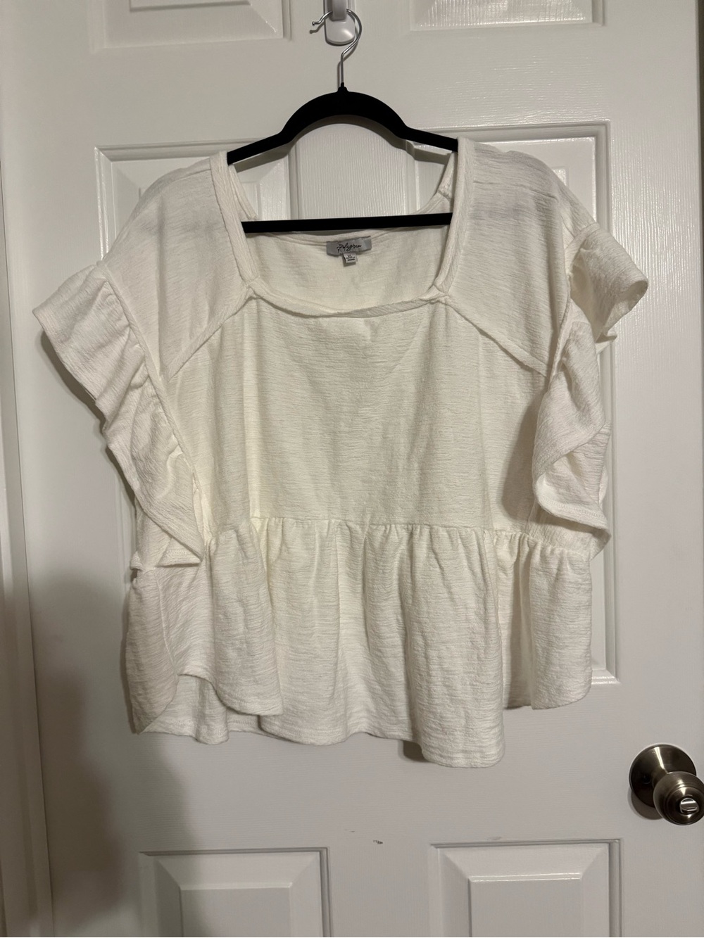 Polagram White Textured Ruffle Cap Sleeve Peplum Top XL Square Neck Boho